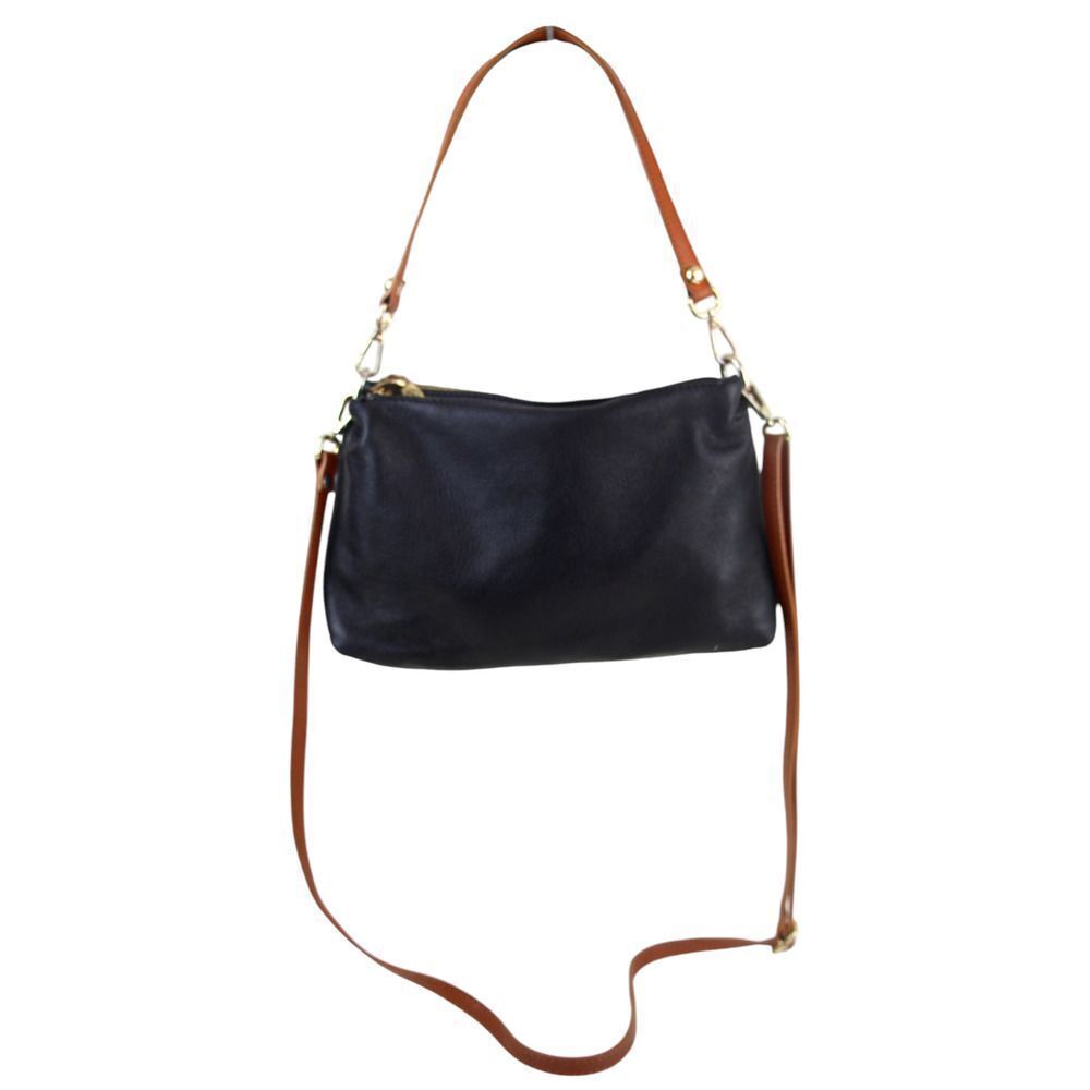 Valentina BLACK REAL LEATHER BROWN HANDLES SHOULDER BAG X-BODY SATCHEL HANDBAG